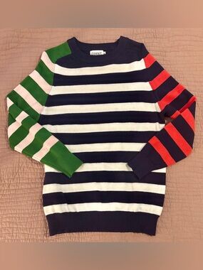 OXKNIT Women's Navy & White Striped Crewneck Sweater with Striped Sleeves